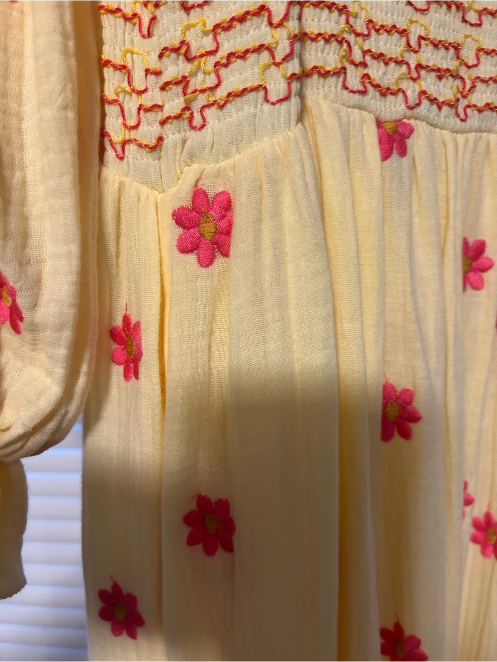 Yellow Smocked Maxi Dress with pinkish-red  Floral Embroidery - Picture 9 of 14